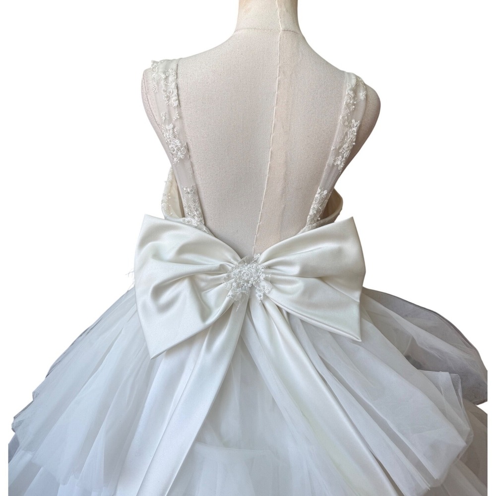 Vintage Tulle Beaded Tiered Ruffle A-Line Tea Length Wedding Dress Size 16 Bow - Picture 9 of 12